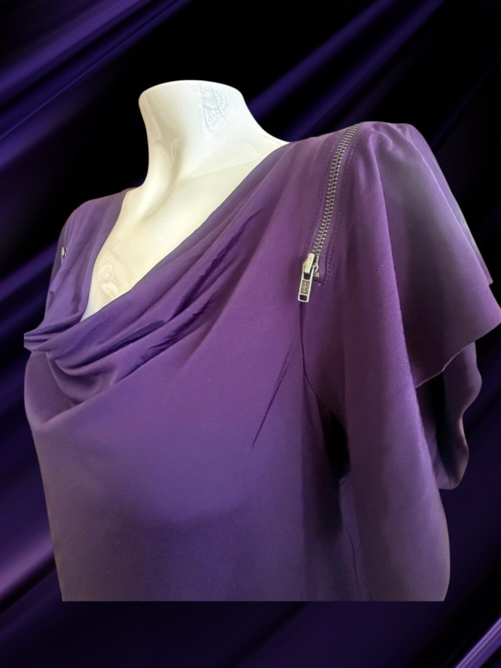 Worthington Purple Drape Neck Top | Zip Shoulder Detail |